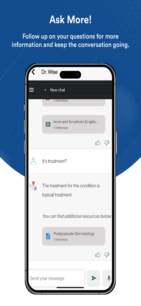 Dr.Wise - A medical AI chatbot interface in the Dr. Wise app showing a follow up question about clinical treatments.