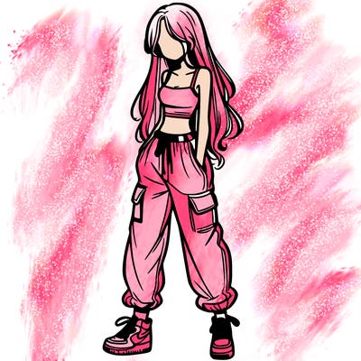 girl in baggy pants crop top and long hair