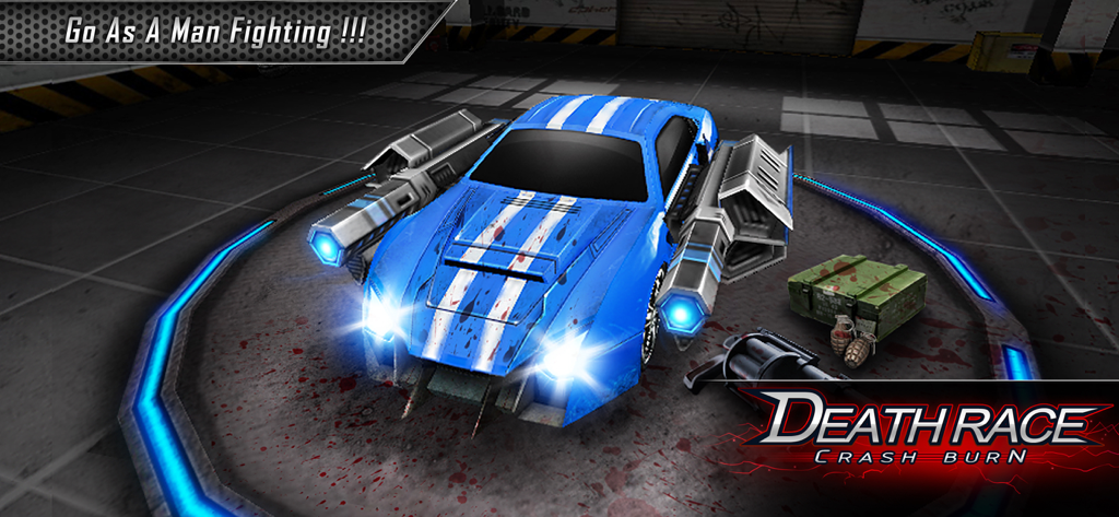 Death Race : Crash Burn - A blue racing car equipped with side-mounted cannons and weapons in a garage setting from the Death Race: Crash Burn mobile game.