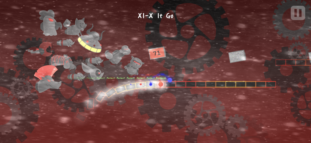 Captura de pantalla de jugabilidad de A Dance of Fire and Ice mostrando planetas en órbita moviéndose a lo largo de un camino en un nivel de temática industrial con engranajes y un fondo rojo.