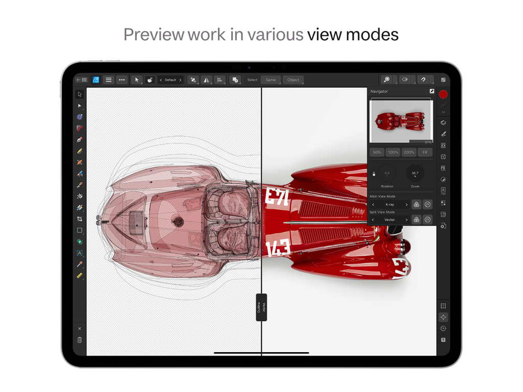 Affinity Designer 2 for iPad - Affinity Designer 2 for iPad showing split screen view with xray and vector modes on a car design
