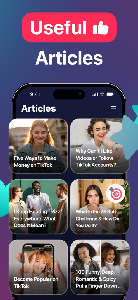 TokTrends 앱의 기사 섹션 스크린샷, TikTok 수익 창출 및 인기 챌린지 팁 포함