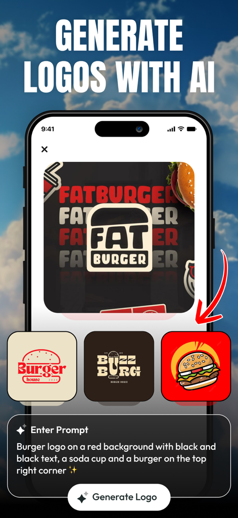 KI-Logo-Generator-App-Oberfläche mit einem Burger-Logo-Design, das aus einem Text-Prompt erstellt wurde