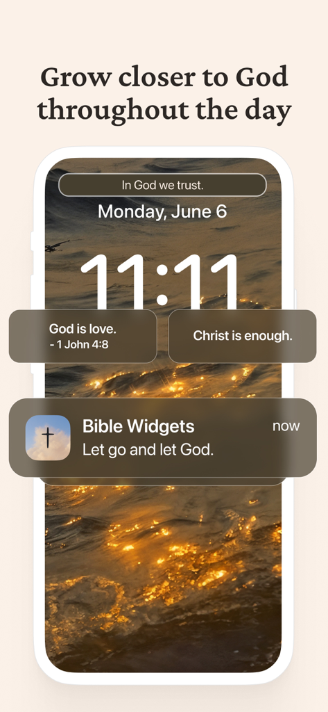 Bible Widgets: Verses & Prayer - An iPhone lock screen displaying Christian Bible verse widgets and a daily prayer notification over a sunset background.