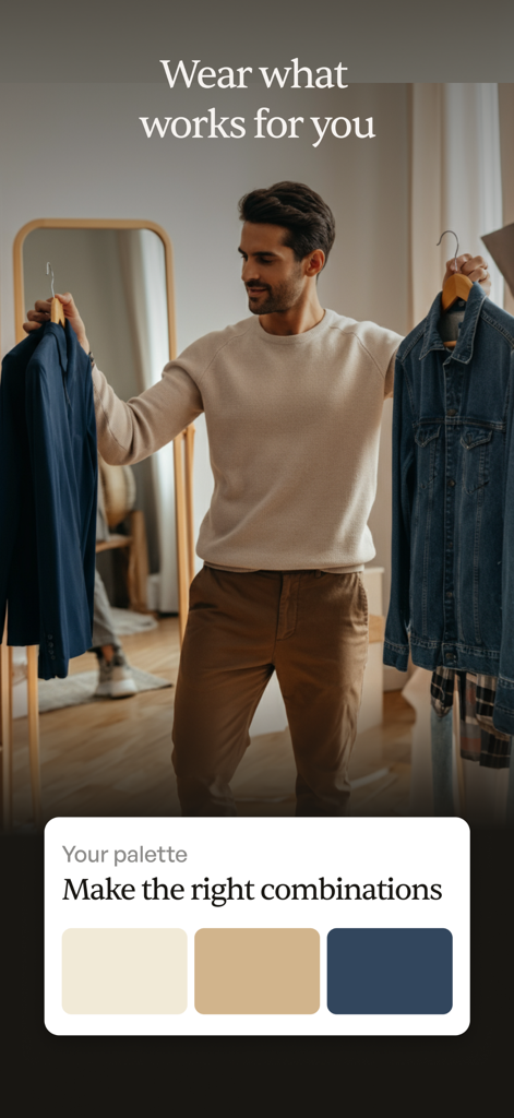 Color analysis - Daily Male - Un hombre comparando opciones de ropa junto a su paleta de colores personal generada por IA.