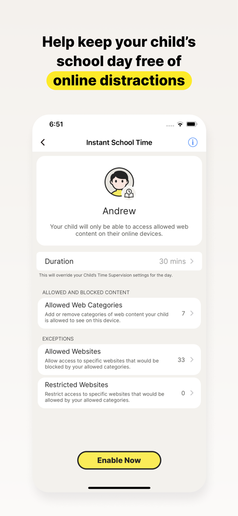 Norton Family Parental Control - Screenshot of the Norton Family app showing the Instant School Time setting to block online distractions for children during school hours