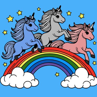create 3 unicorns running over a rainbow