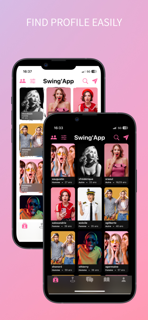 Swing App interface showing a grid of user profiles for the open lifestyle community