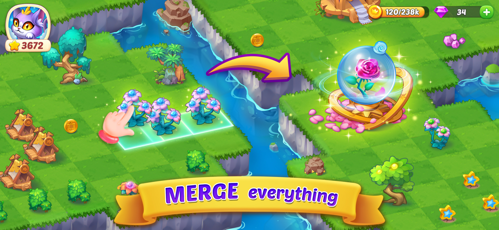 Merge Tales - Gameplay screenshot of Merge Tales showing a player merging three pink flowers into a magical crystal rose.