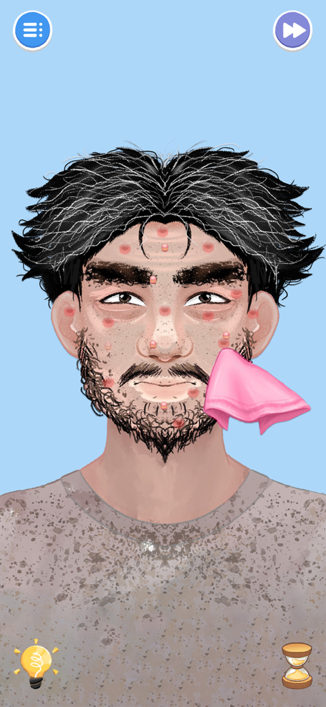 A facial cleaning level in the Housify game showing a pink cloth cleaning a characters face