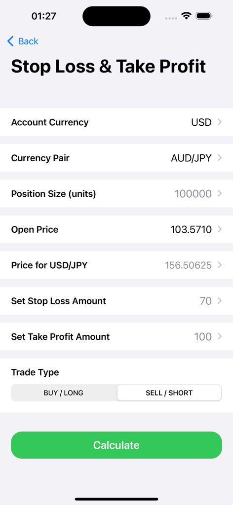 Forex Calculators for traders - Interface of a forex trading app showing a stop loss and take profit calculator with input fields for currency pair and position size.