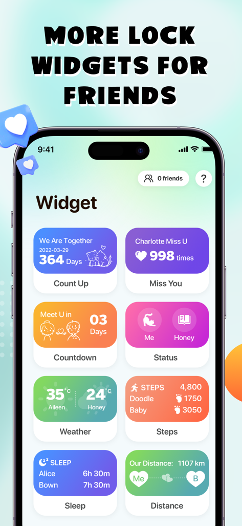 WidgyPal - Live Notes Widgets - Interface of WidgyPal app showing a collection of colorful lock screen widgets for social sharing and tracking