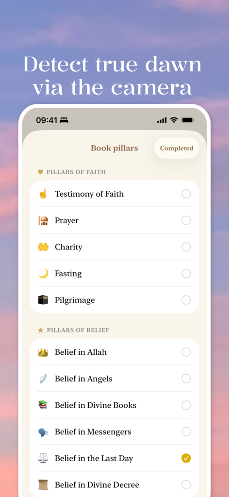 Fajr O'Clock - Alarm & Salat - Tracking screen for Pillars of Faith and Belief in the Fajr O'Clock app