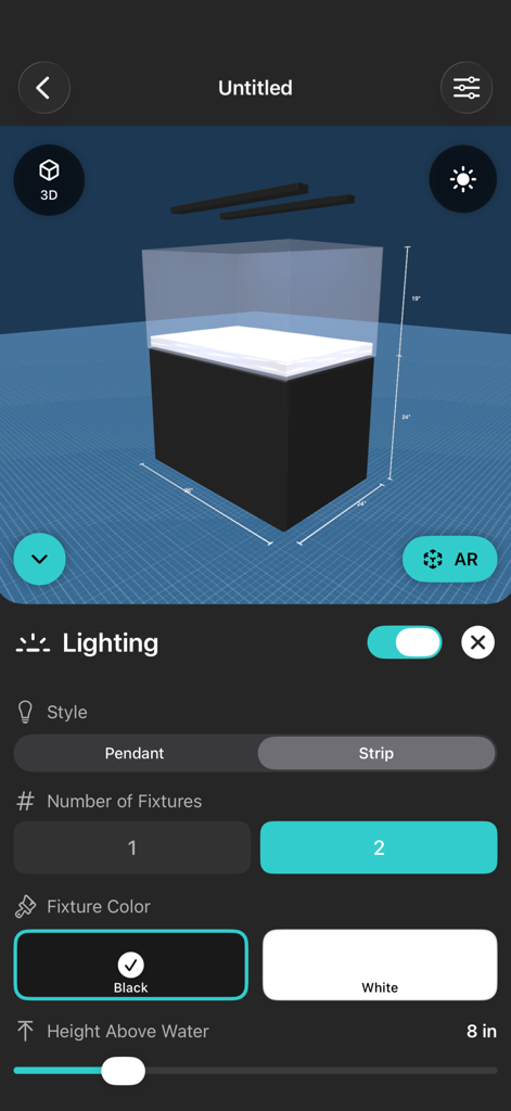 Aquarium Planner AR - 3D aquarium model design with lighting settings in Aquarium Planner AR app
