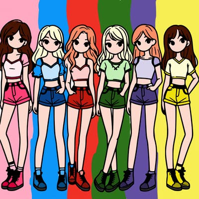 a group of girls wearing crop tops and shorts