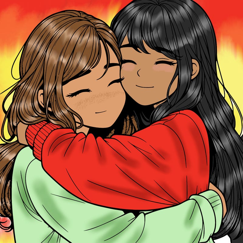 realistic two girls hugging
