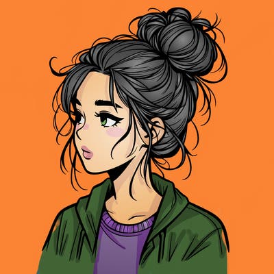 realistic teenage girl with a messy bun