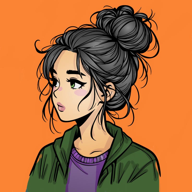 realistic teenage girl with a messy bun