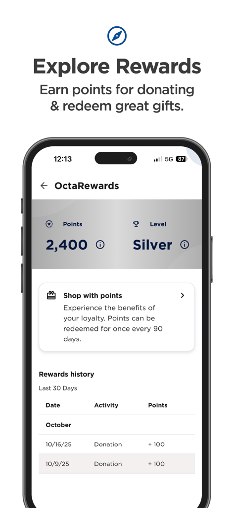 OctaApp - Donate Plasma - OctaApp 로열티 프로그램 화면에 표시된 기부 포인트 및 실버 등급.