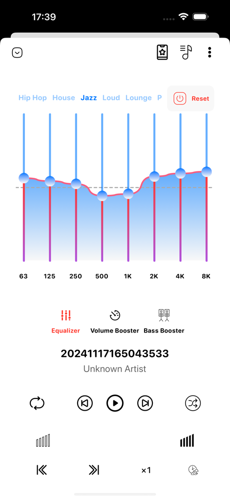 Music Lite - Music Player - Pantalla del ecualizador del reproductor Music Lite que muestra controles y deslizadores de frecuencia de audio