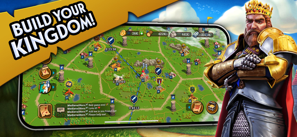 Gameplay screenshot of Medieval Kingdoms showing a kingdom map and building interface