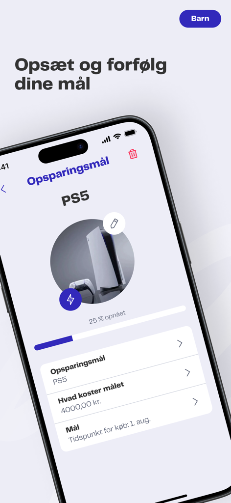 Young Money - Interface of the Young Money app showing a savings goal for a PS5 with a progress bar