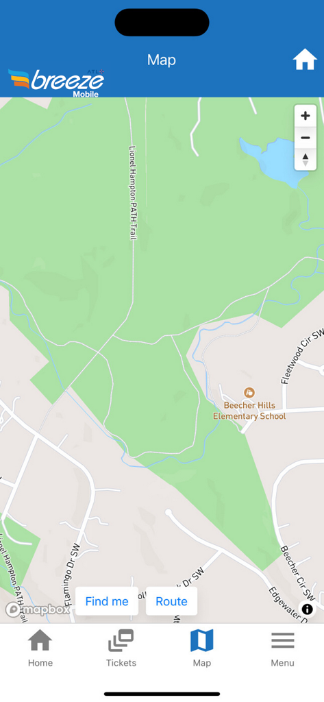 Interface do aplicativo Breeze Mobile 2 mostrando a visualização do mapa para navegação no transporte de Atlanta