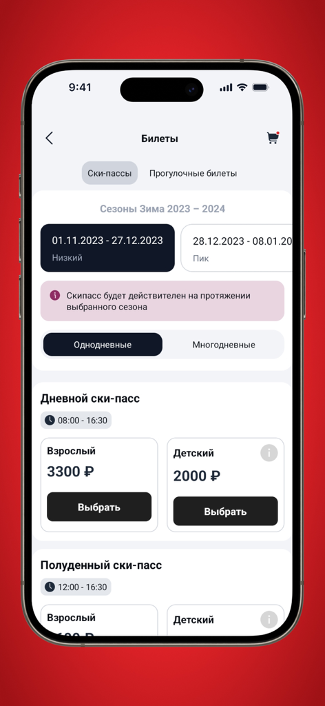 Курорт Красная Поляна - Oberfläche der Krasnaya Polyana Resort App mit Skipreisgestaltung und Auswahl