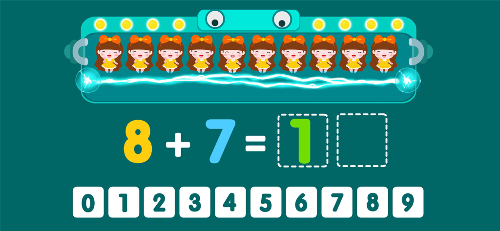 Math Genius-BabyBus - A colorful math game screen showing an addition problem with animated characters for children