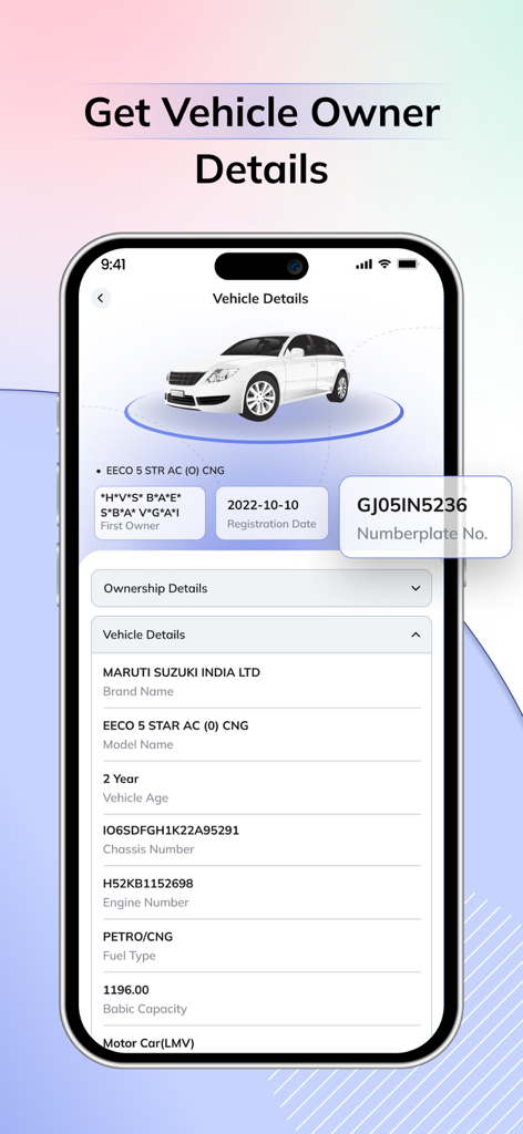 Tela de smartphone mostrando informações detalhadas do veículo, incluindo nome do proprietário, marca, data de registro e número da placa.