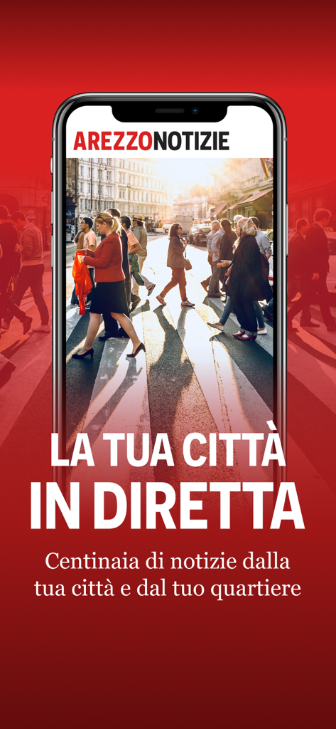 ArezzoNotizie - 아레초뉴스의 모바일 앱 스플래시 화면. 거리를 보여주고 "당신의 도시를 실시간으로"라는 슬로건이 표시됩니다.