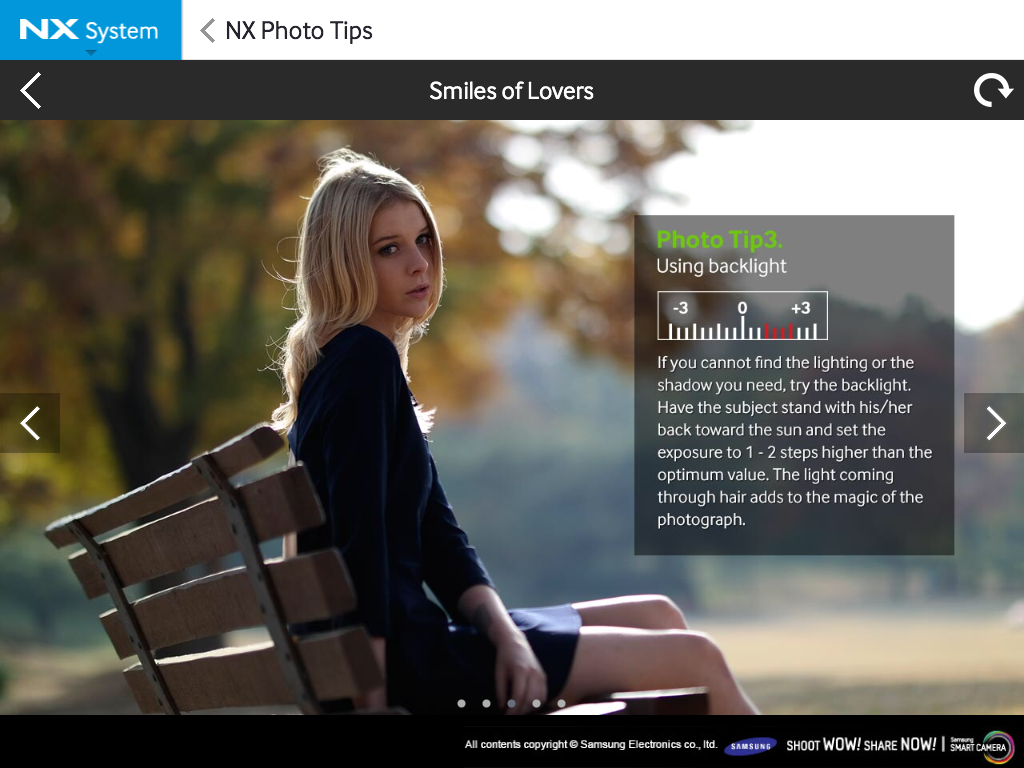 Samsung SMART CAMERA NX app interface showing a photography tip on using backlight for portraits