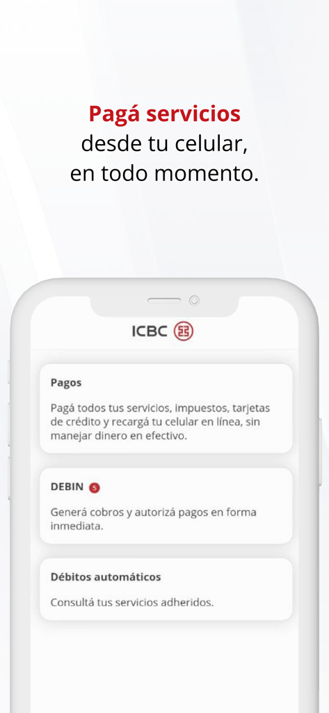 Interfaccia dell'app ICBC Mobile Banking Argentina che mostra le opzioni per pagamenti, tasse e addebiti automatici.