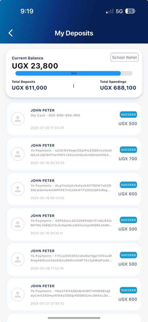 School Wallet - School Wallet mobile app screen showing a list of successful deposits and current account balance overview