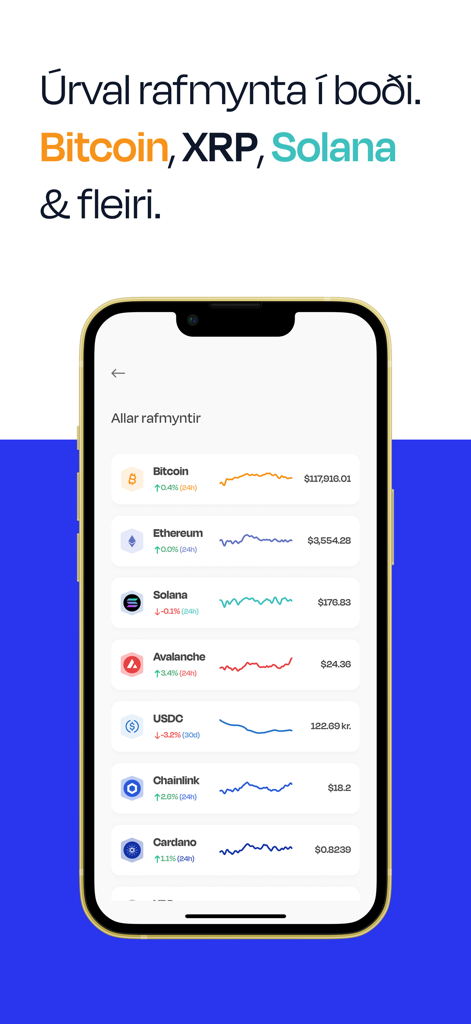 Myntkaup mobile app interface showing a list of cryptocurrencies with prices and performance graphs