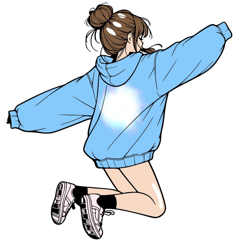 realistic girl jumping with a bun and oversized sweatshirt