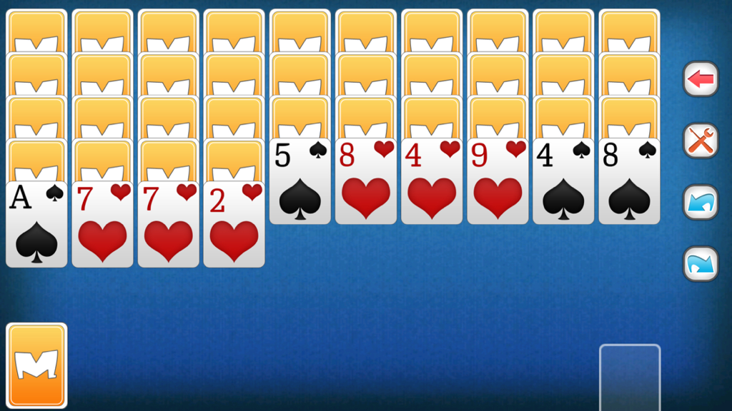 Spider Solitaire card game in progress on a blue background