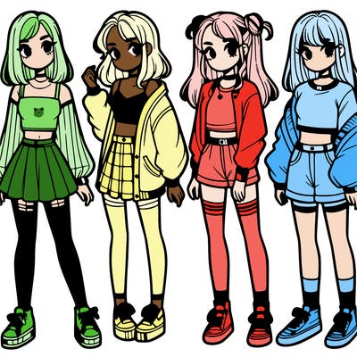 one girl with crop-top shirt and a jacket with a skirt, long socks and another girl with a shirt and pants with a jacket