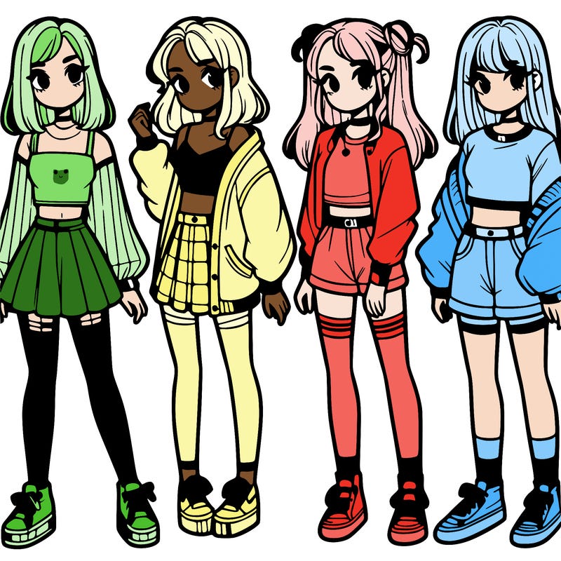 one girl with crop-top shirt and a jacket with a skirt, long socks and another girl with a shirt and pants with a jacket