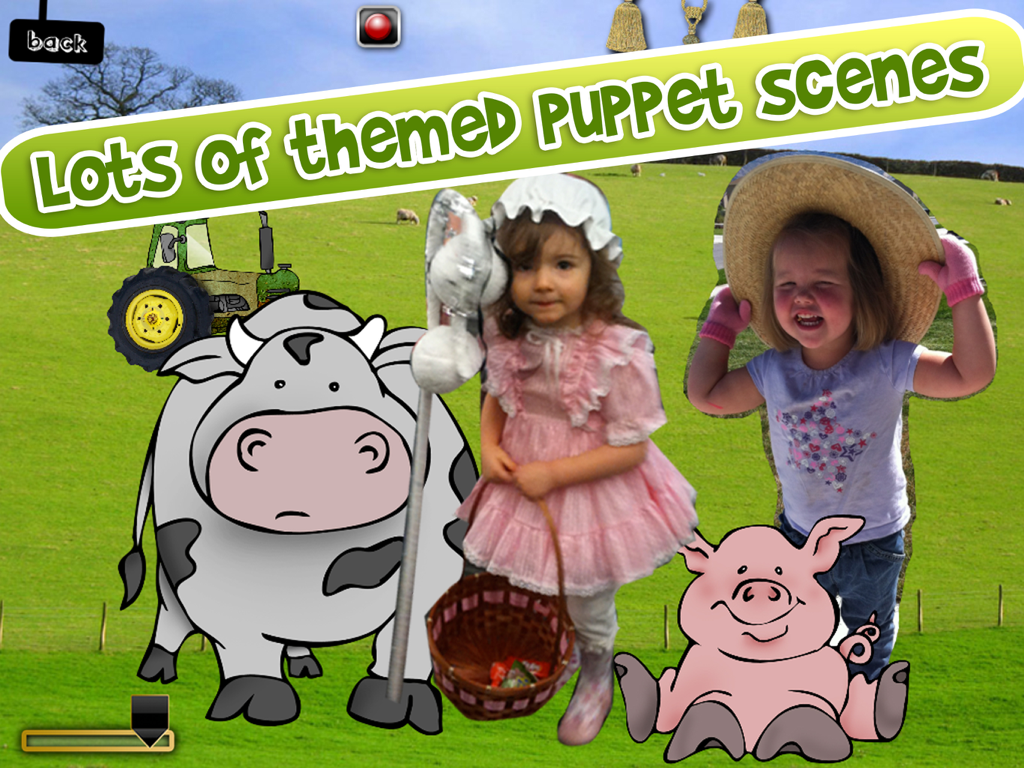 Escena de granja digital en Puppet Pals con animales de dibujos animados y fotos de niños