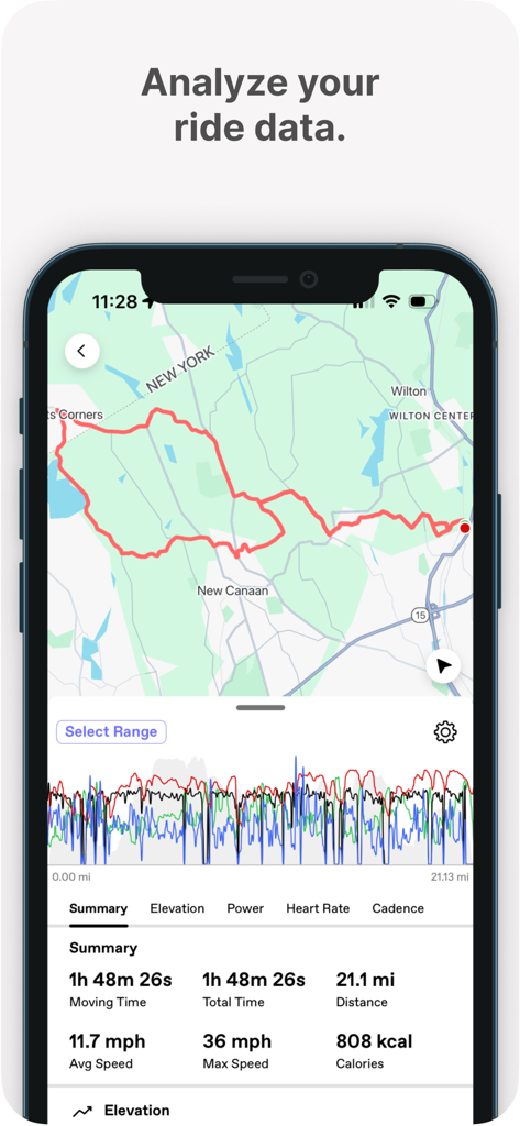 Cannondale - Cannondale app showing a cycling route on a map and performance summary metrics including distance and speed