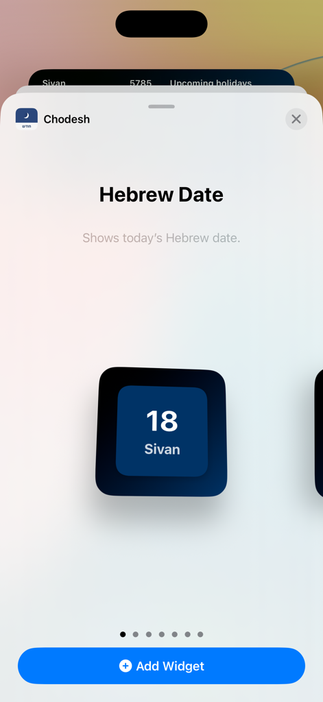 Chodesh Hebrew Date & Calendar - iPhone widget selection screen for Chodesh app showing a dark blue Hebrew date widget for 18 Sivan