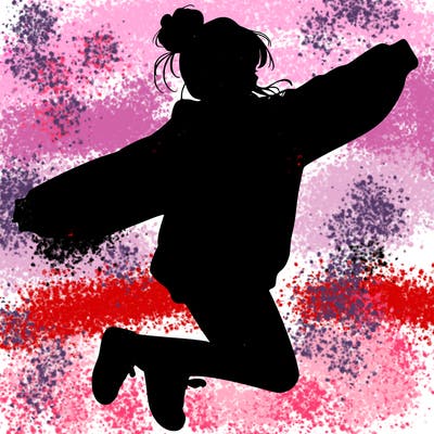 realistic girl jumping with a bun and oversized sweatshirt