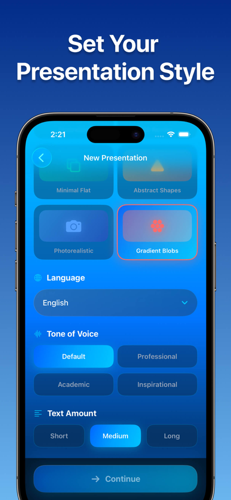 Interfaz para establecer el tono de estilo de la presentación y la longitud del texto en la aplicación Gamma AI