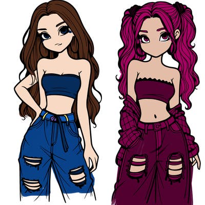 2 girls in crop tops and baggy jeans ripped