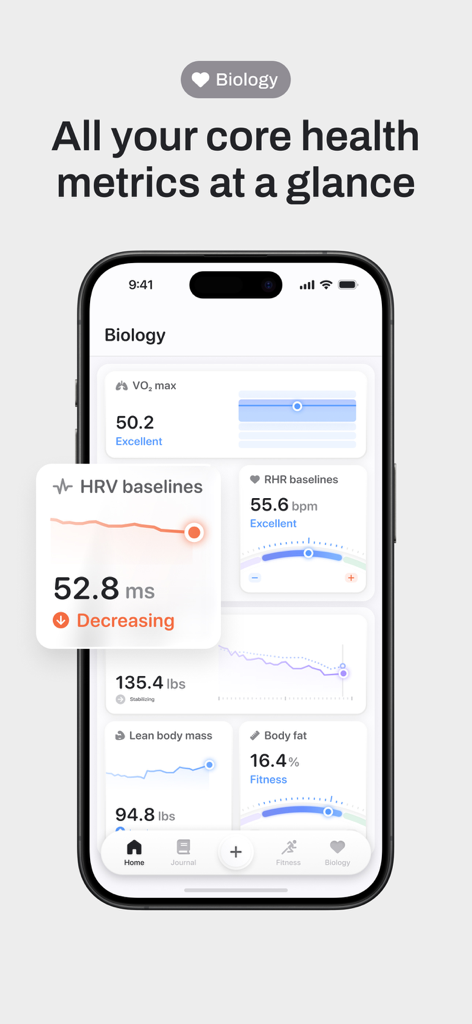 Bevel app Biology dashboard showing core health metrics like HRV and VO2 max.