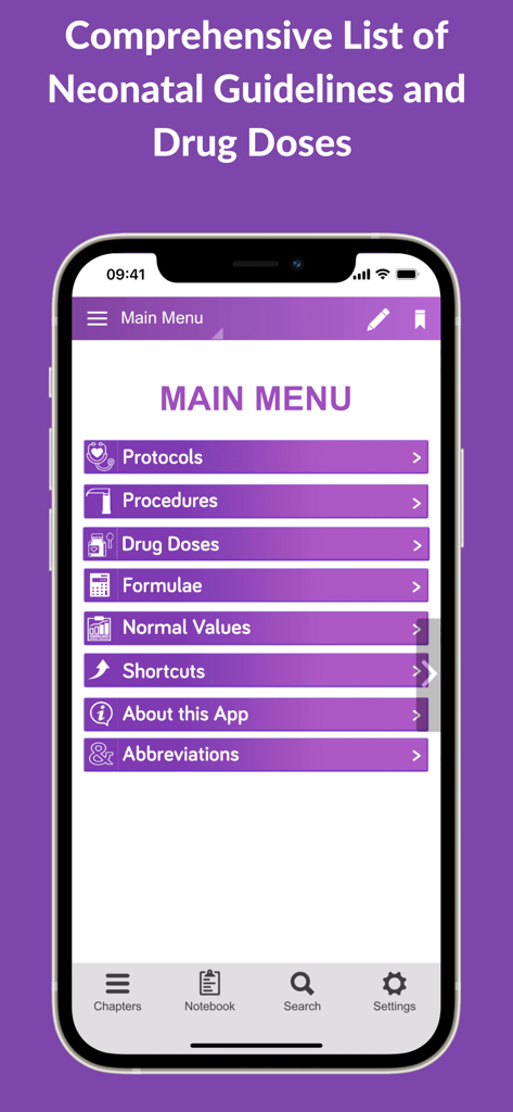 Menu principal de l'application Neonatal Guide présentant les protocoles cliniques et les options de posologie des médicaments.