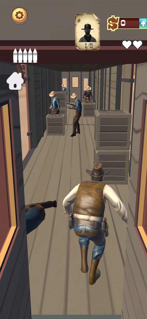 Wild West Cowboy Redemption - Una vista en tercera persona de un personaje vaquero participando en un tiroteo dentro de un vagón de tren en Redención de Vaquero del Salvaje Oeste.