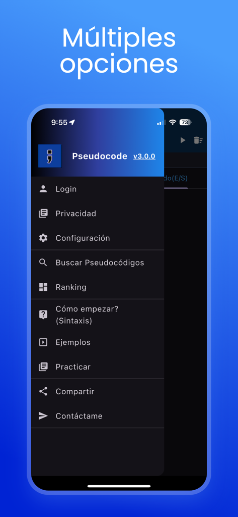 Pseudocode, PSeInt, Visualg - 擬似コードモバイルアプリのさまざまな機能を示すサイドナビゲーションメニュー