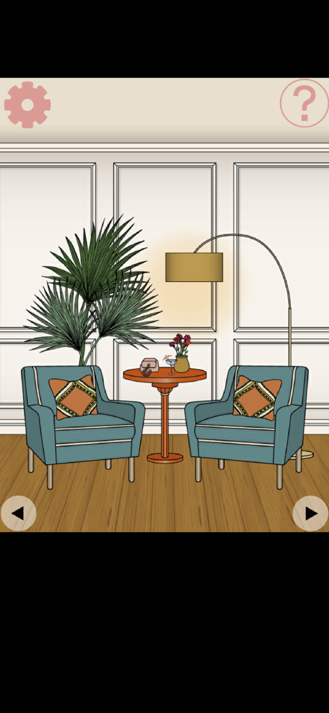 SUNFLOWER HOUSE : ROOM ESCAPE - An aesthetic room in the Sunflower House escape game featuring two blue armchairs, a round table with a drink, and a large palm plant.